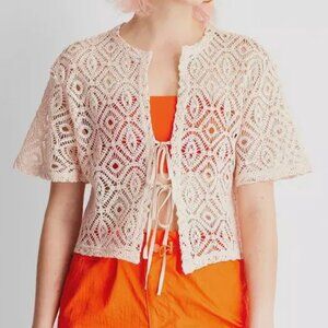 NWT Future Collective Alani Noelle Linen Crochet Short Sleeve Tie Front Top